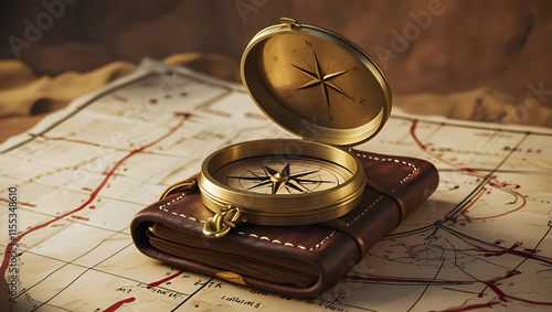 Golden compass on an old wooden table, pointing towards the north, Generative AI