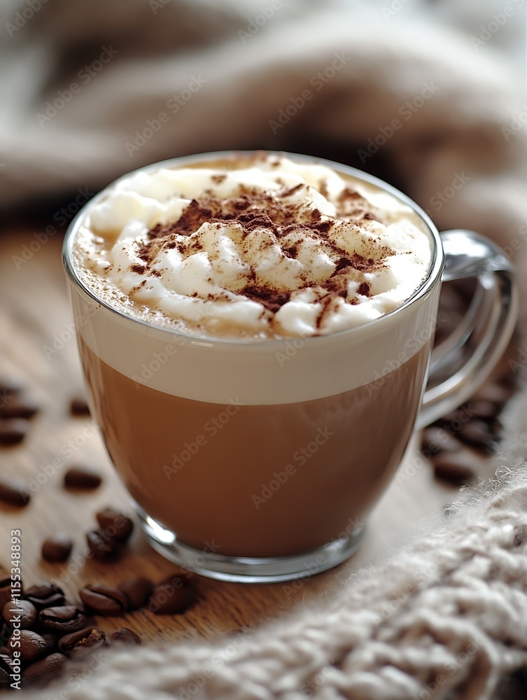 Warm Cappuccino with Frothy Cream and Cocoa Sprinkles on Cozy Wooden Table : Generative AI Warm Cappuccino with Frothy Cream and Cocoa Sprinkles on Cozy Wooden Table : Generative AI
