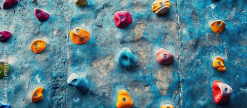 Colorful rock climbing holds on an indoor wall showcasing the extreme sport and hobby of climbing for fitness and adventure activities photo