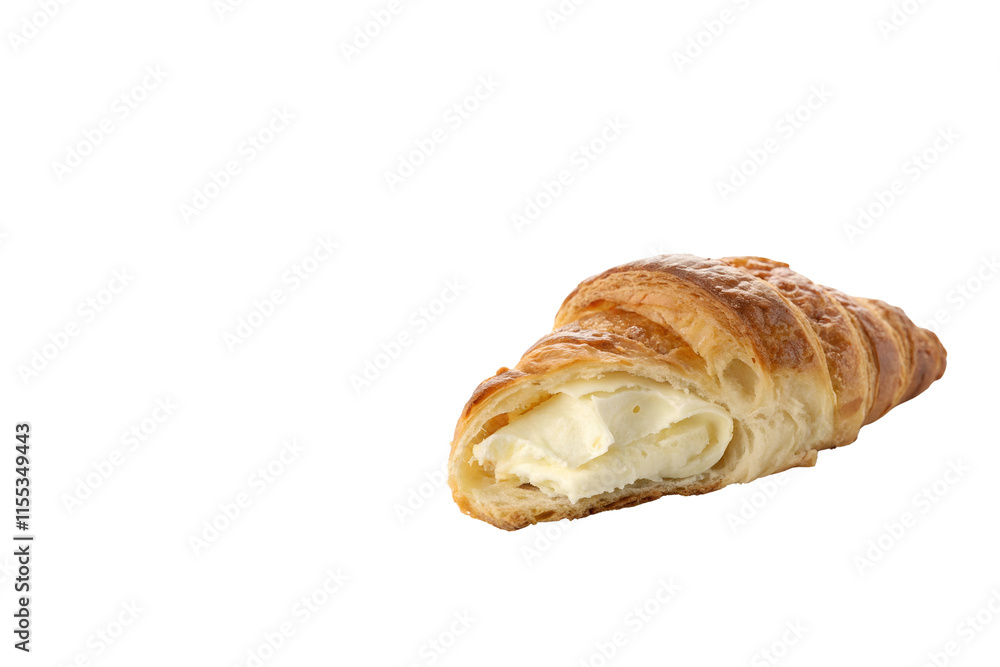 Cream-Filled Croissant Placed on Right Side on White Background with Copy Space - Flaky Golden Pastry with Smooth Filling Cream-Filled Croissant Placed on Right Side on White Background with Copy Space - Flaky Golden Pastry with Smooth Filling