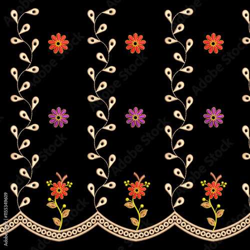 Embroidery border laces seamless patterns design for digital and textile print on fabric.