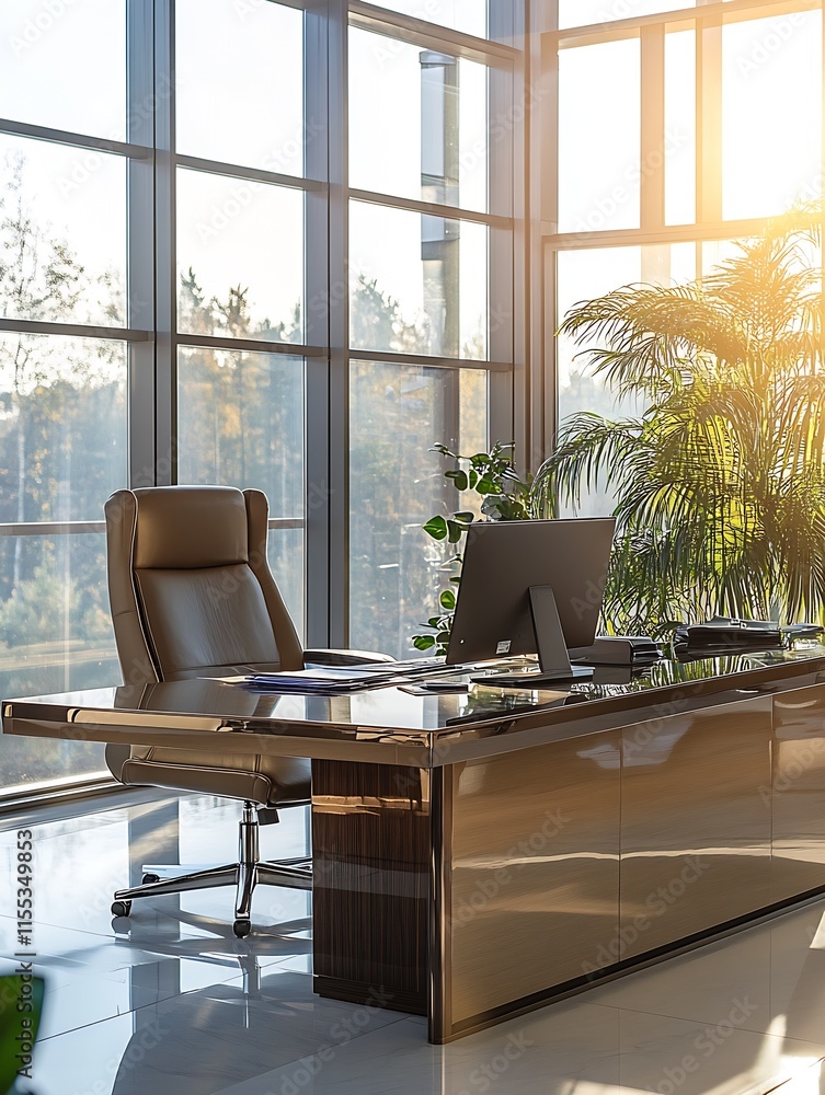 Fototapeta premium Luxurious Modern Office Workspace with Large Windows and Natural Lighting : Generative AI