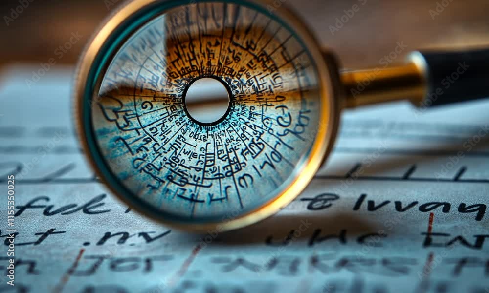 A magnifying glass revealing intricate text on paper. A magnifying glass revealing intricate text on paper.