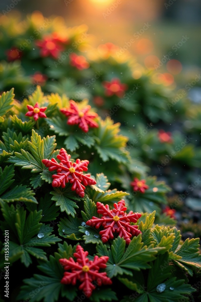 Red and yellow colored red snowflakes scattered on green grass, winter, red, nature Red and yellow colored red snowflakes scattered on green grass, winter, red, nature