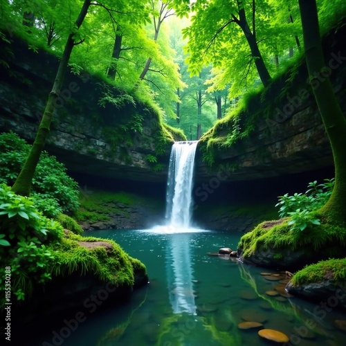 Dense foliage surrounds tranquil waterfall in forest, foliage, tranquility, landscape