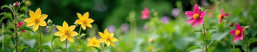 Fototapeta premium Garden with flowering common columbine Aquilegia vulgaris and greenery, wildflowers, greenery