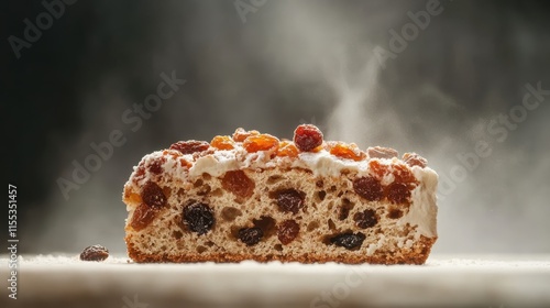 A freshly baked slice of raisin bread with a steaming crust, capturing the essence of homemade baking and comfort, with an emphasis on rich textures and flavors. photo