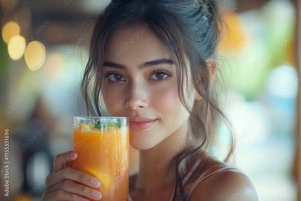young woman drinking detox drink made by vegetable and fruit mixed, Generative AI young woman drinking detox drink made by vegetable and fruit mixed, Generative AI