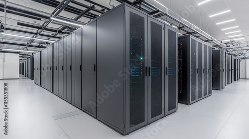 Modern Data Center Interior with Server Racks and Cables, Showcasing Advanced Technology and Enhanced Security for Information Storage Solutions