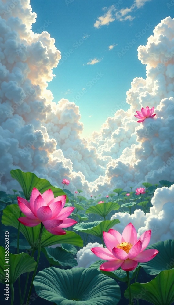 Obraz premium Clouds and lotus blooms entwined in a whimsical dance, clouds, ethereal, fantastical