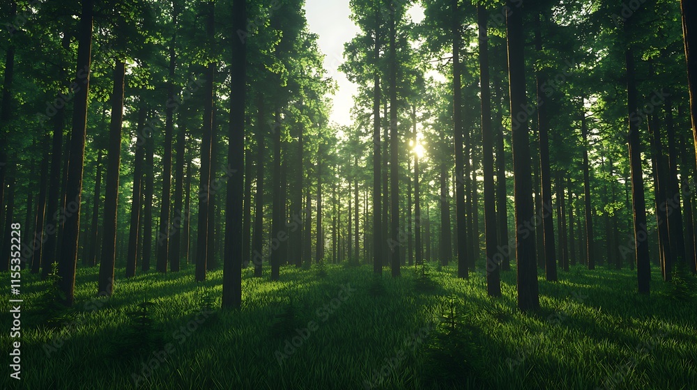 Obraz premium Lush green forest with tall trees, sunlight filtering through the canopy, creating a serene and tranquil atmosphere.