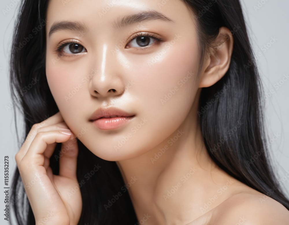 Obraz premium Portrait of a beautiful young Asian woman with fresh clean skin and long thick black hair