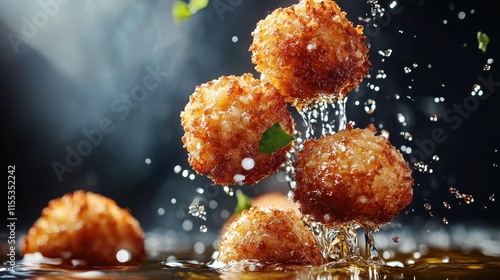 Succulent golden crispy balls of cheese splash dramatically in hot oil, capturing the essence of culinary delight with a focus on texture and appetizing appeal. photo