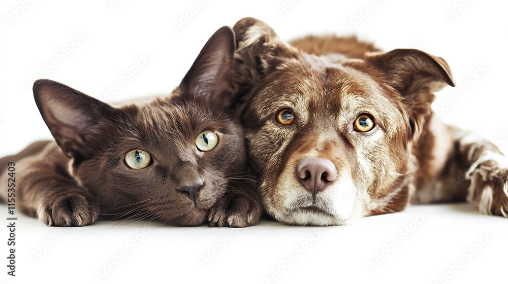 Adorable Cat and Dog Relaxing Together in Harmony on White Background : Generative AI Adorable Cat and Dog Relaxing Together in Harmony on White Background : Generative AI
