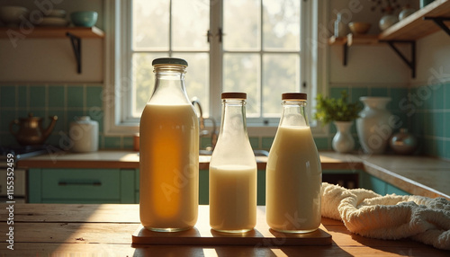 Glass bottles of milk and juice on a sunny kitchen countertop
 photo