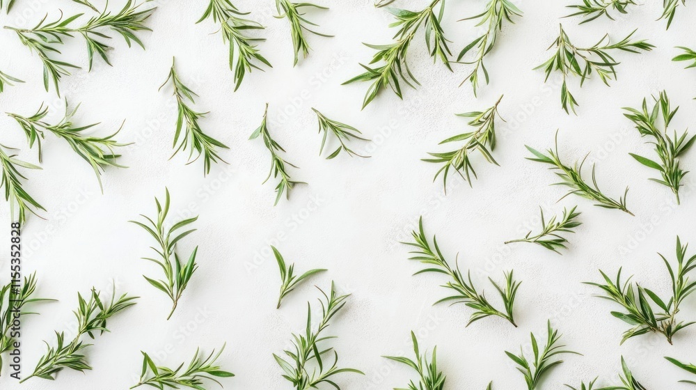 Fototapeta premium Rosemary Sprigs Flatlay: A Culinary and Aromatic Herbal Pattern