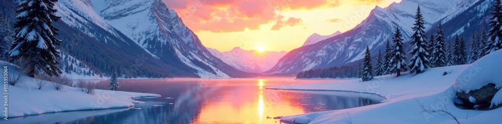 Snowy valley with a frozen lake and surrounding mountains at sunset, lake, peaceful, frosty Snowy valley with a frozen lake and surrounding mountains at sunset, lake, peaceful, frosty