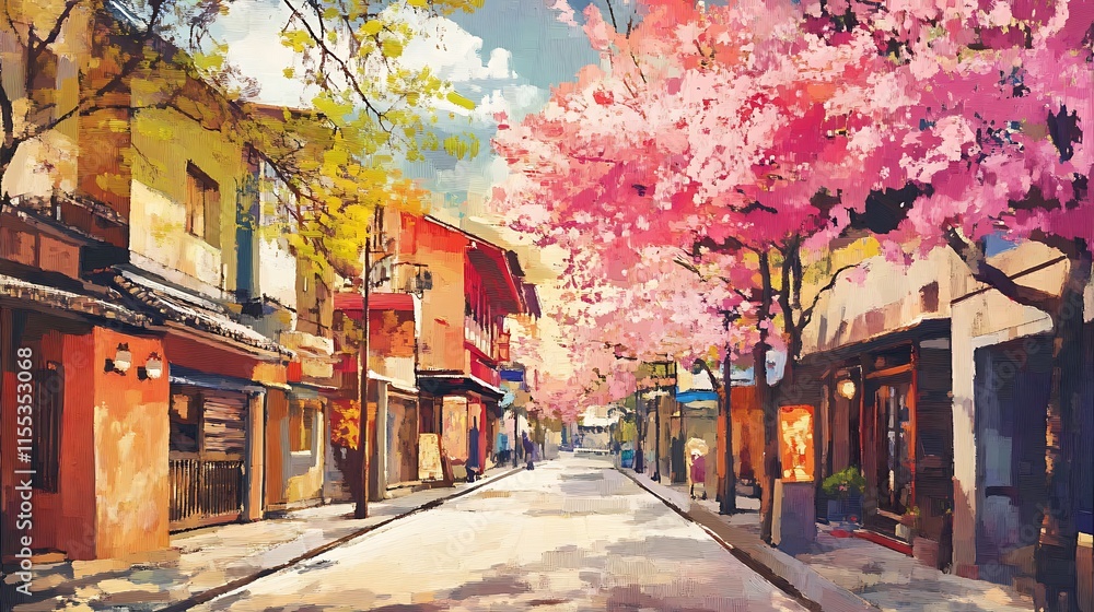 Naklejka premium Vibrant Springtime Street Scene: Digital Painting in a Vivid, Impressionistic Style. AI Generated
