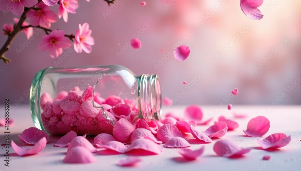 Fototapeta premium Fuzzy pink petals falling from a broken bottle, , florals, pink
