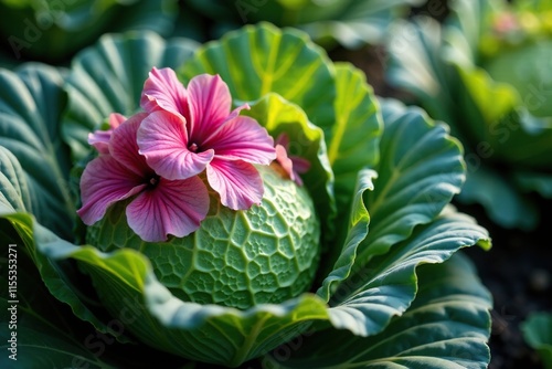 Large flowers blooming on top of a cabbages leaves, plant life, blossom