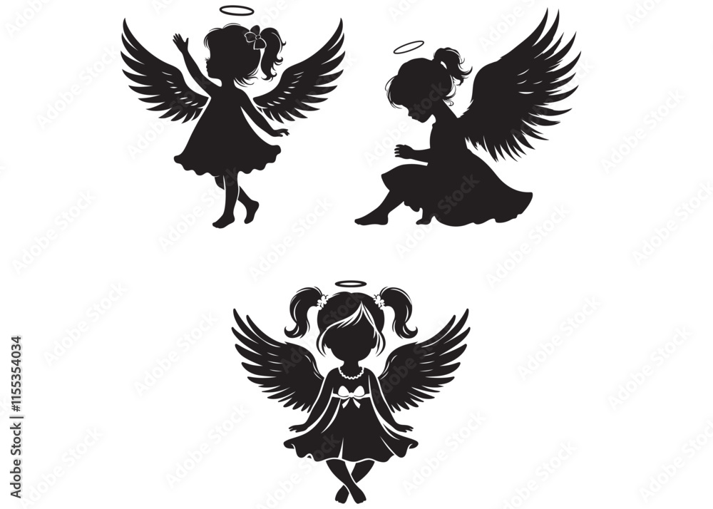 Fototapeta premium children angel little girl with wings of silhouette vector, little girl logo with wing, silhouette angel girl with wings, children angel little girl logo design on a white background.