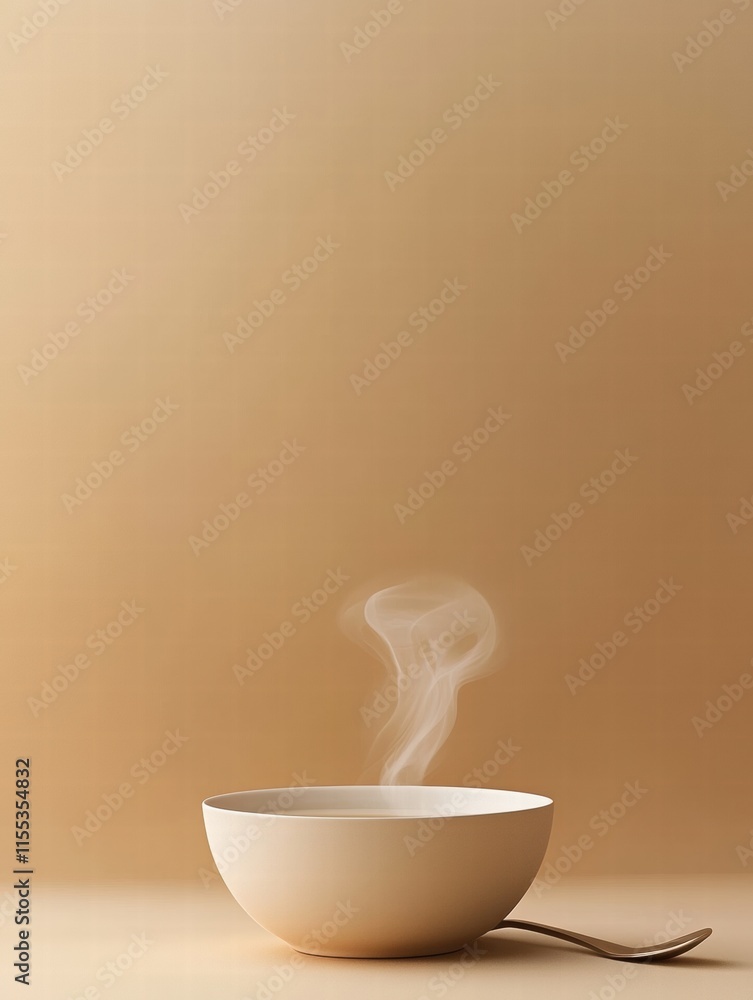 Warm soup bowl with steam curls and a spoon on minimalistic background perfect for inviting dining atmosphere. Generative AI Warm soup bowl with steam curls and a spoon on minimalistic background perfect for inviting dining atmosphere. Generative AI