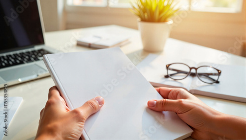 A5 book being held by a person's hand, home office desk with scattered stationery, accompanied by a laptop and glasses, A5 book mockup