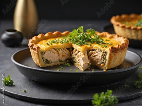 A side view of an Empadão in a matte black dish, with a slice cut out to showcase its layered, creamy chicken filling.