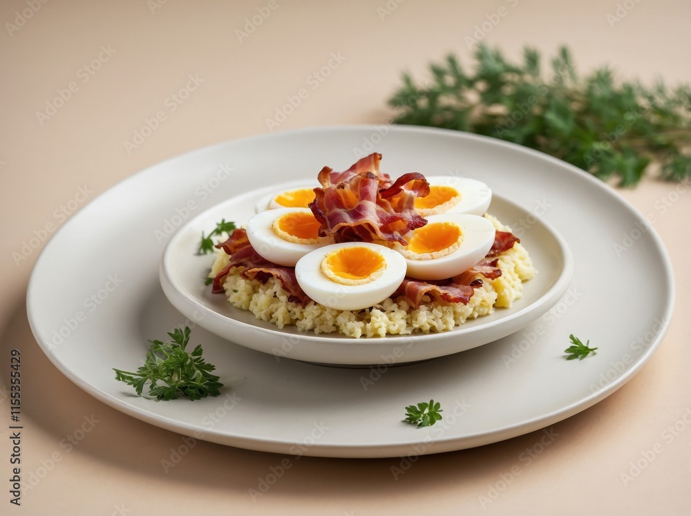 Farofa and egg on a white plate Farofa and egg on a white plate