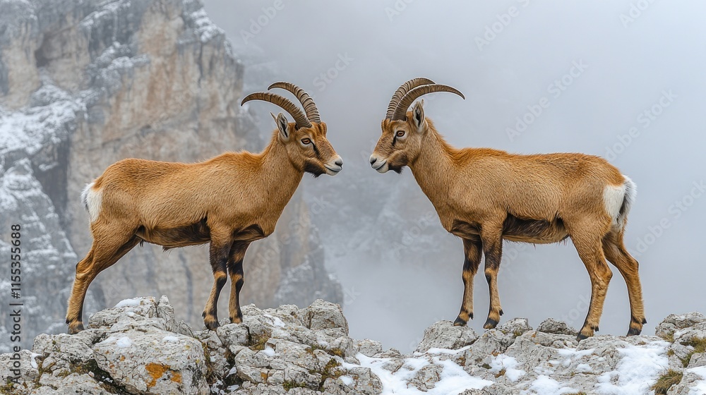Obraz premium Two ibex facing each other on a snowy mountain peak.