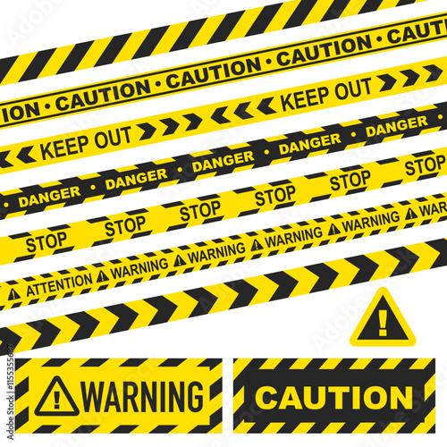 Yellow and black tapes. Set of barrier tapes. For prohibited and dangerous places.