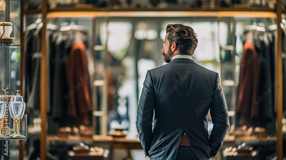 bearded man in suit looking at the mirror while being in a shop Generative AI bearded man in suit looking at the mirror while being in a shop Generative AI