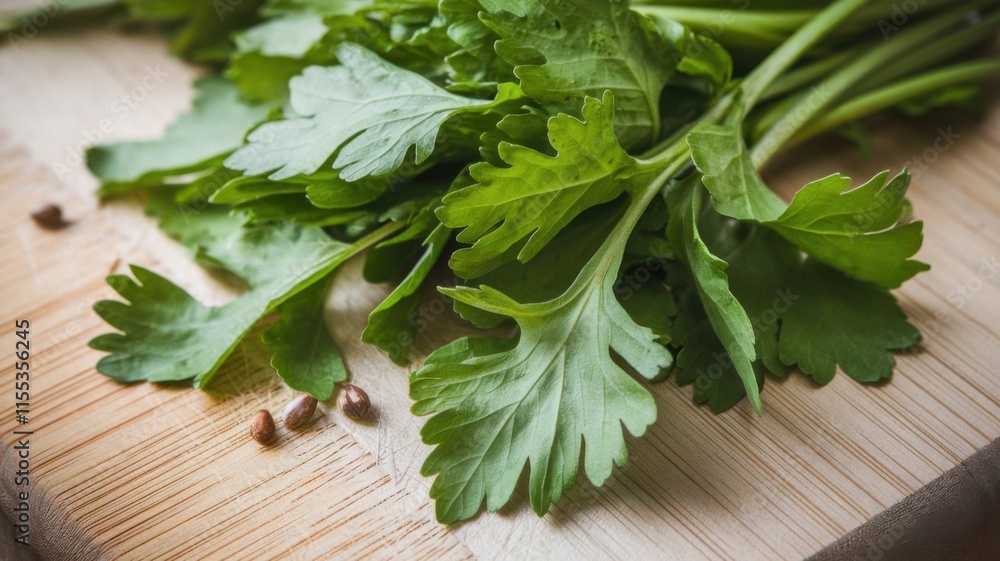 Detailed Close-Up of Dew-Drenched Coriander Leaves on a Wooden Cutting Board, Showcasing Rich Textures and Vibrant Natural Colors
Detailed Close-Up of Dew-Drenched Coriander Leaves on a Wooden Cutting Board, Showcasing Rich Textures and Vibrant Natural Colors