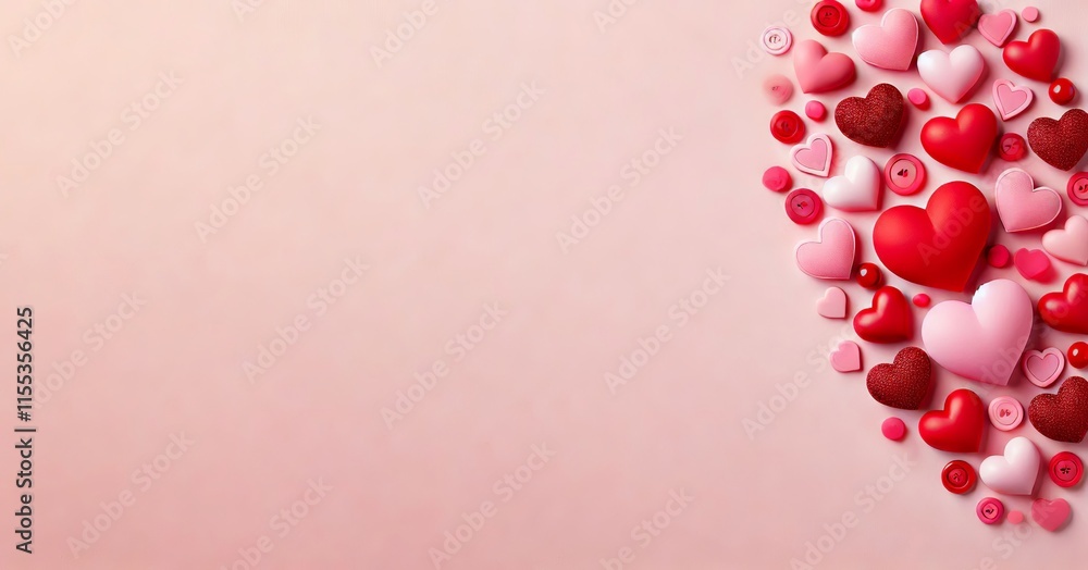 Red and pink hearts aligned on the left side of a pink background with ample copy space for text. Created with Generative AI Technology Red and pink hearts aligned on the left side of a pink background with ample copy space for text. Created with Generative AI Technology