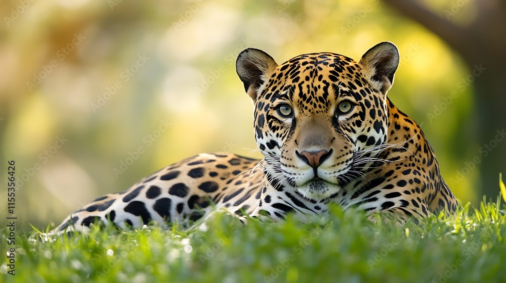 Obraz premium Majestic Leopard Resting on Grass in Sunlit Jungle Habitat : Generative AI
