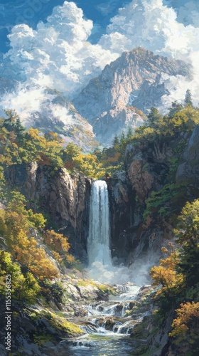 Majestic waterfall cascade in lush forest setting digital art vibrant colors serene environment wide angle view