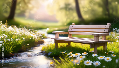 A sturdy wooden bench rests beside a gently flowing stream, framed by blooming daisies and lush spring grass, creating a tranquil spot for reflection and relaxation photo