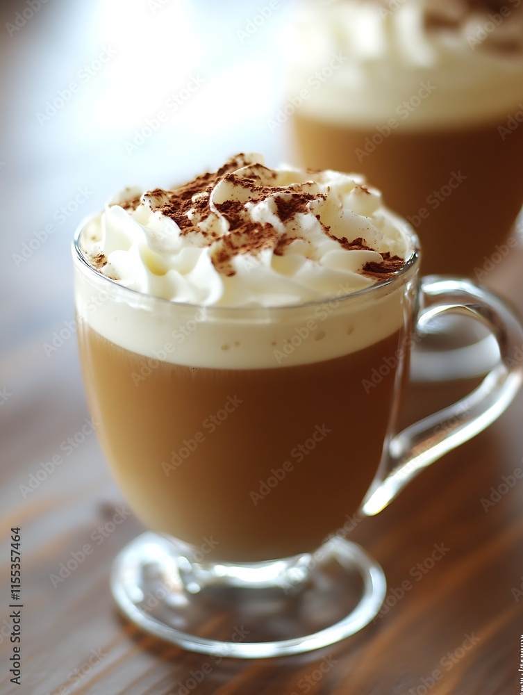 Delicious creamy espresso coffee with whipped cream and cocoa powder in glass mug : Generative AI Delicious creamy espresso coffee with whipped cream and cocoa powder in glass mug : Generative AI