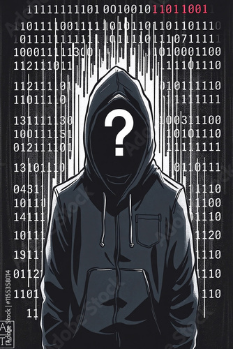 A dark, unsettling illustration depicting a hoodie-wearing figure with a glowing question mark face, surrounded by binary code. A pulsating visual effect is behind the figure, creating a distinct eeri photo