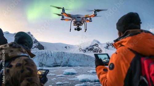 A scientific expedition in Antarctica, with researchers using drones to map the melting glaciers and the aurora shimmering overhead.