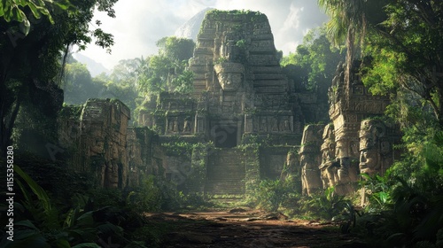 Fototapeta Naklejka Na Ścianę i Meble -  Ancient Stone Temple Ruins Hidden in Lush Tropical Jungle