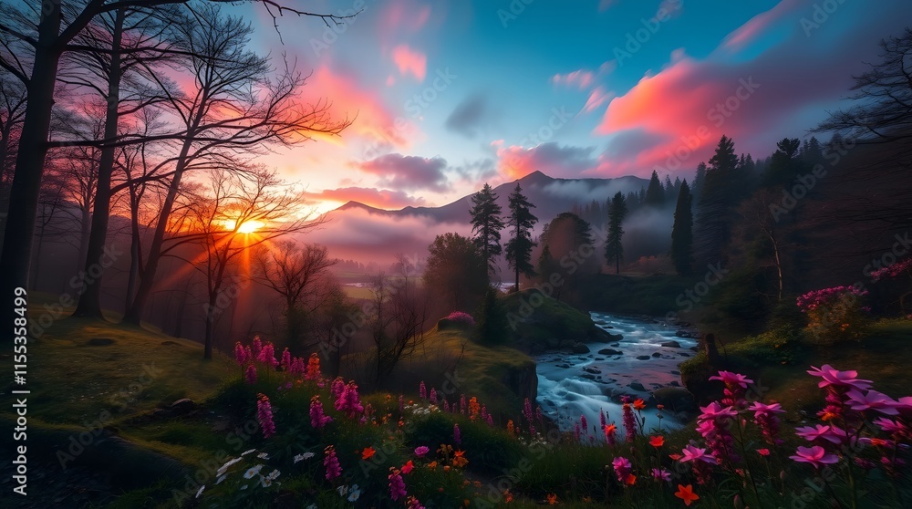 Spring Forest Mountain River in Sunrise