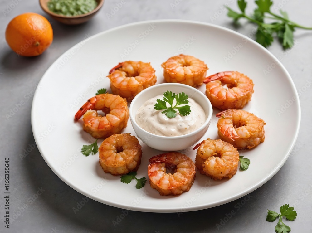 An overhead shot of shrimps on a minimalist white plate. An overhead shot of shrimps on a minimalist white plate.