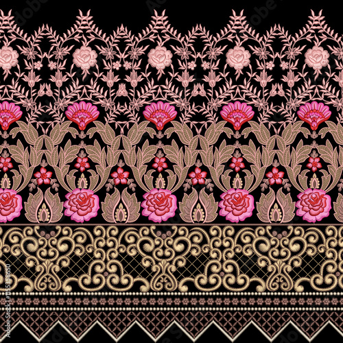 All Over asian embroidery pattern design geometrical ornaments seamless artwork for digital and textile print on fabric.