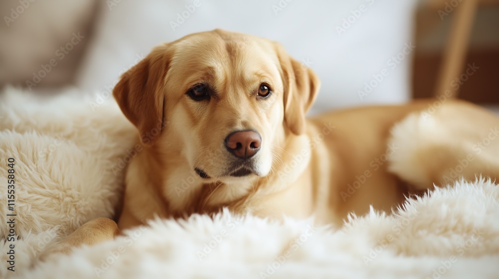 Cute Golden Labrador Resting Comfortably on a Fluffy Blanket Indoors Capturing Serenity of a Peaceful Pet : Generative AI Cute Golden Labrador Resting Comfortably on a Fluffy Blanket Indoors Capturing Serenity of a Peaceful Pet : Generative AI