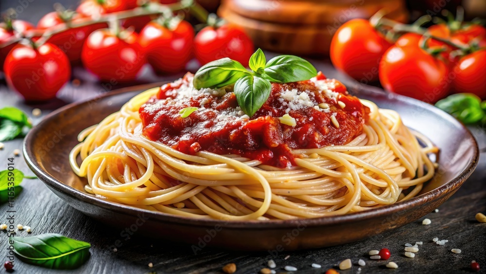 Creamy tomato sauce, fresh basil, Parmesan cheese: the perfect spaghetti. Creamy tomato sauce, fresh basil, Parmesan cheese: the perfect spaghetti.