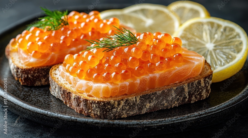 Two salmon and red caviar canap?s on dark plate. Two salmon and red caviar canap?s on dark plate.