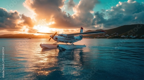 The Seaborne Airlines Twin Otter Seaplane glistening under the midday sun as it floats on calm waters near St. bustling harbor