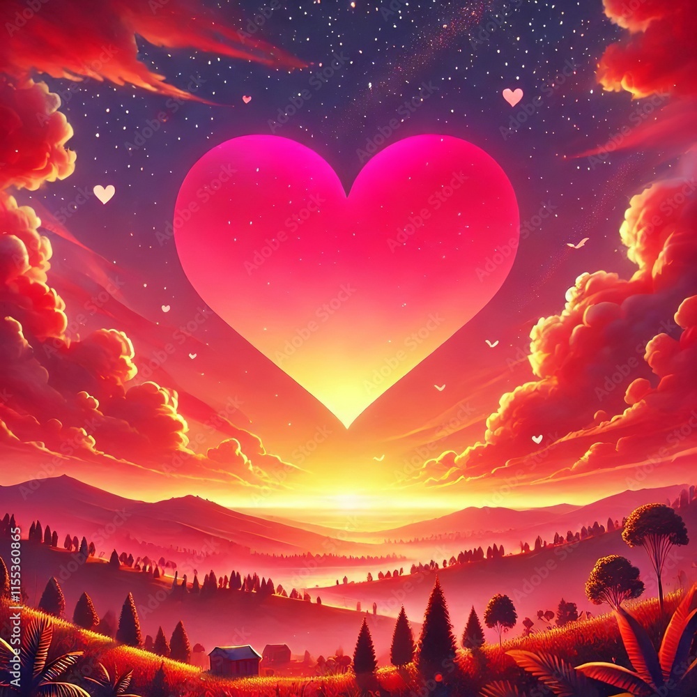 Fototapeta premium Vibrant Heart in a Colorful Red, Pink, and Orange Sky for Valentine’s Day. Created with Generative AI Technology