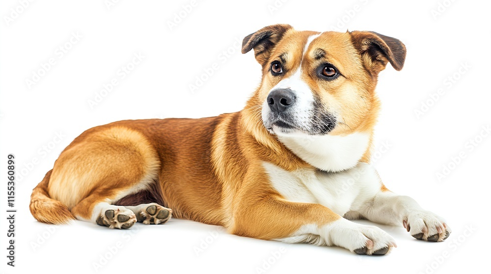 Cute and Curious Mixed Breed Dog Lying on White Background with Attentive Expression : Generative AI Cute and Curious Mixed Breed Dog Lying on White Background with Attentive Expression : Generative AI